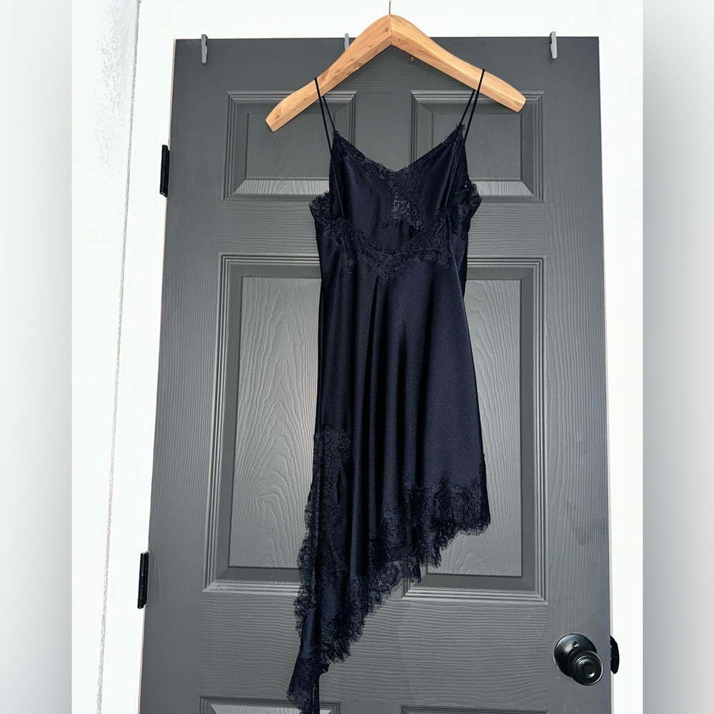 Zara ZW Collection Asymmetric Lace Satin Dress Navy Extra Small NWT - Picture 6 of 9